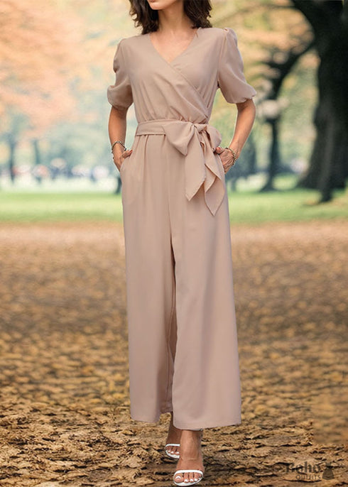 2024 Apricot V-neck Wide-leg Jumpsuit