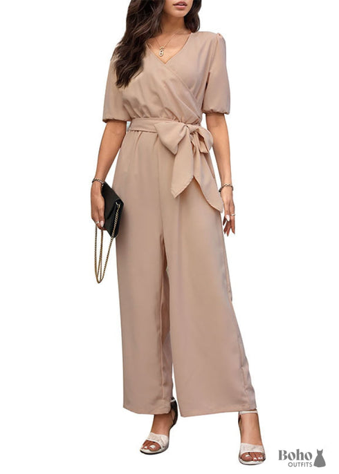 2024 Apricot V-neck Wide-leg Jumpsuit