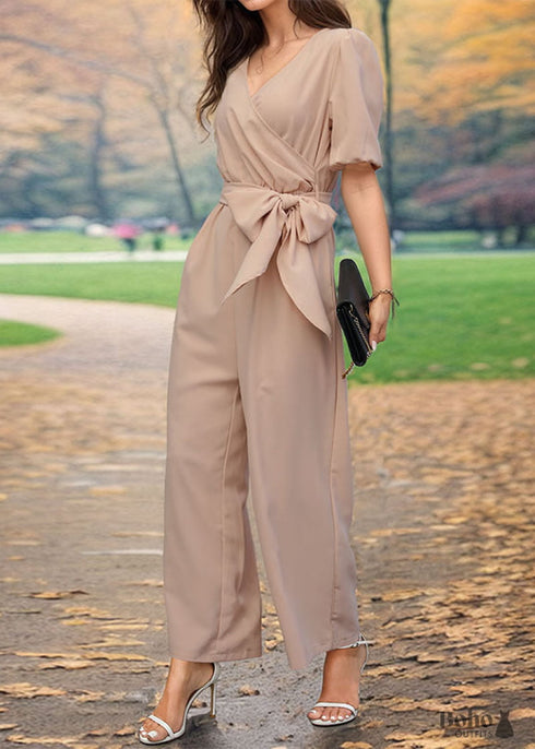 2024 Apricot V-neck Wide-leg Jumpsuit