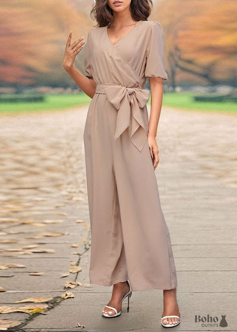 2024 Apricot V-neck Wide-leg Jumpsuit