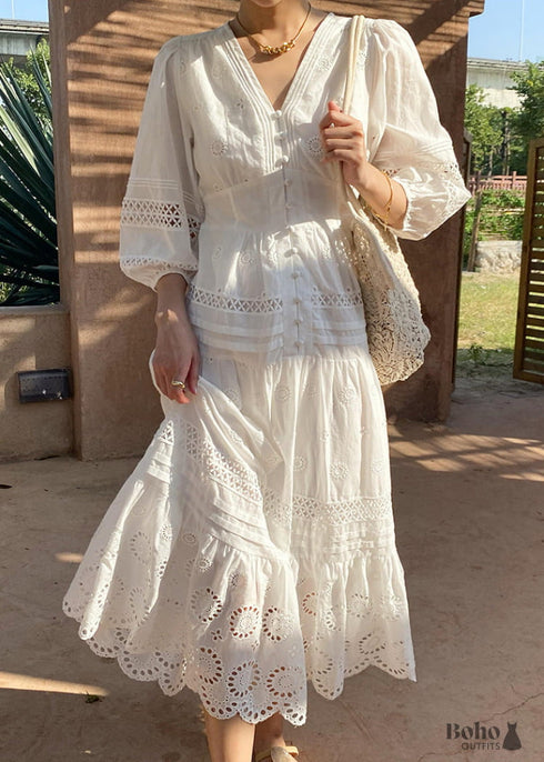2024 Embroidered Boho White Midi Skirt