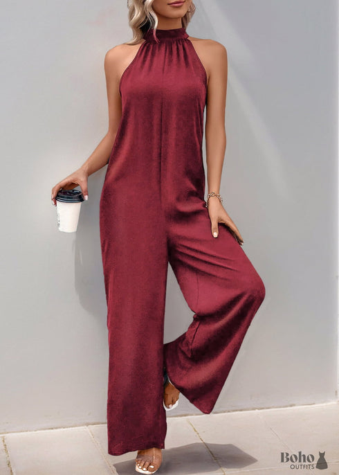 2024 New Halter Neck Solid Color Straight Jumpsuit