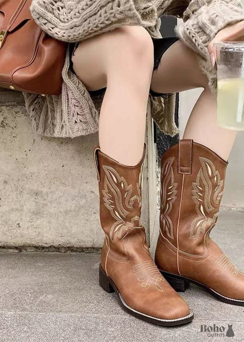 2024 New Mid-tube V-neck Genuine Leather Boho Boots For Women