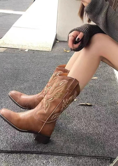 2024 New Mid-tube V-neck Genuine Leather Boho Boots For Women
