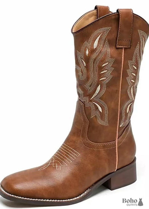 2024 New Mid-tube V-neck Genuine Leather Boho Boots For Women