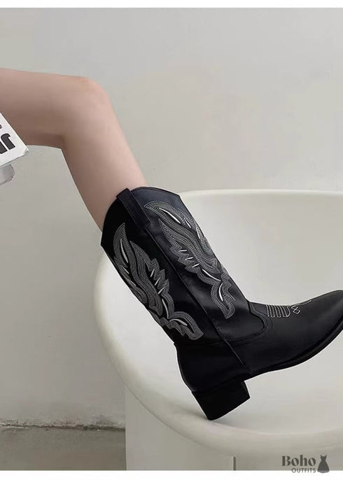 2024 New Mid-tube V-neck Genuine Leather Boho Boots For Women