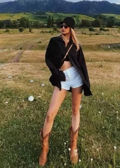 2024 New Mid-tube V-neck Genuine Leather Boho Boots For Women