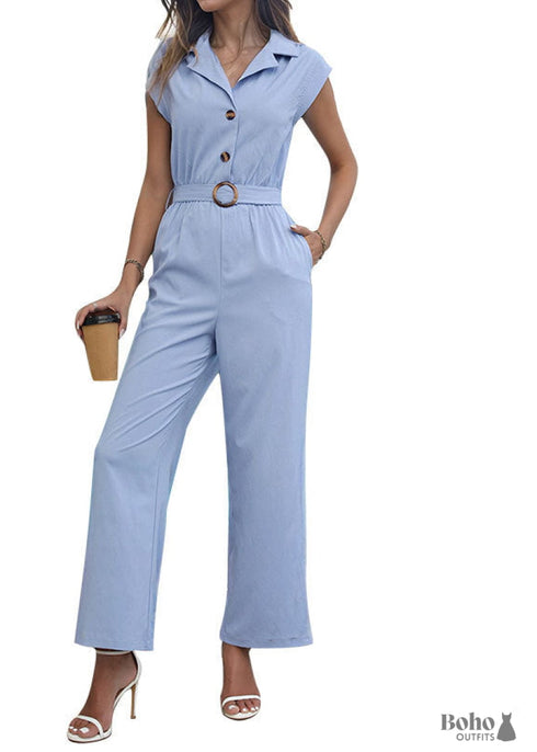 2024 New Style Lapel Solid Color Straight Jumpsuit