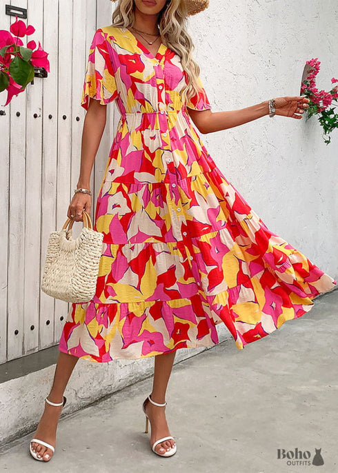 2024 New V-neck Printed Cardigan Dress