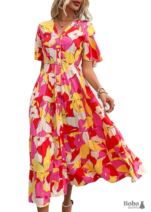 2024 New V-neck Printed Cardigan Dress