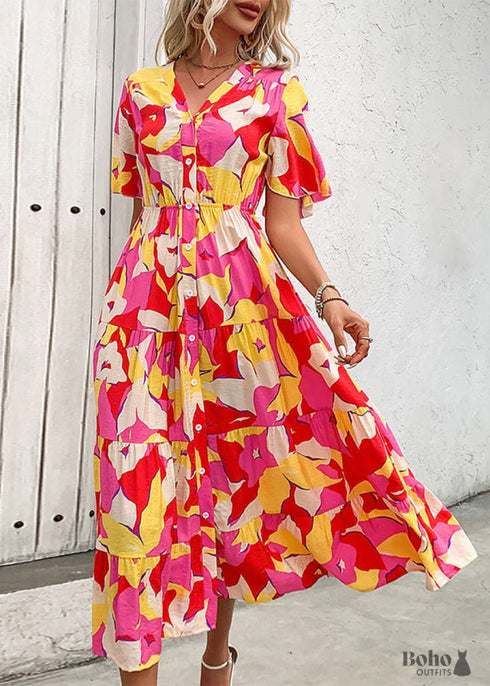 2024 New V-neck Printed Cardigan Dress