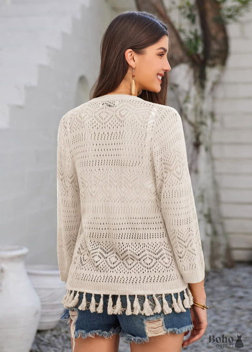 2024 Style Hollow Out Crochet Knit with Tassels Apricot Boho Cardigan