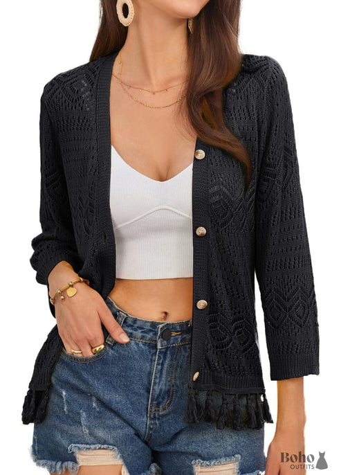2024 Style Hollow Out Crochet Knit with Tassels Boho Cardigan