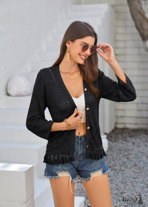 2024 Style Hollow Out Crochet Knit with Tassels Boho Cardigan