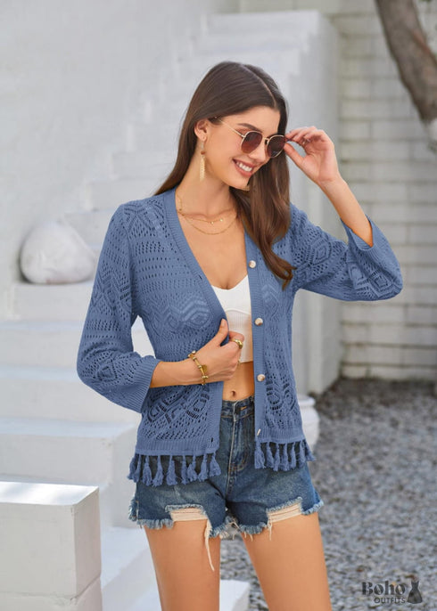 2024 Style Hollow Out Crochet Knit with Tassels Navy Blue Boho Cardigan