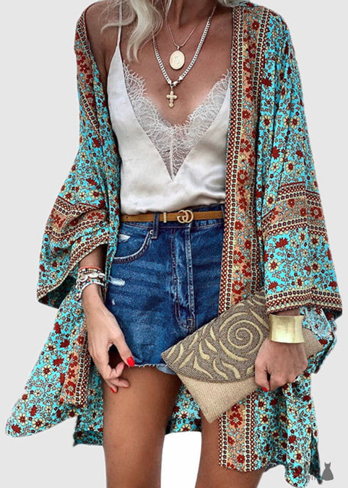 2024 Thin Loose Long Sleeve Printed Medium Length Green Boho Cardigan