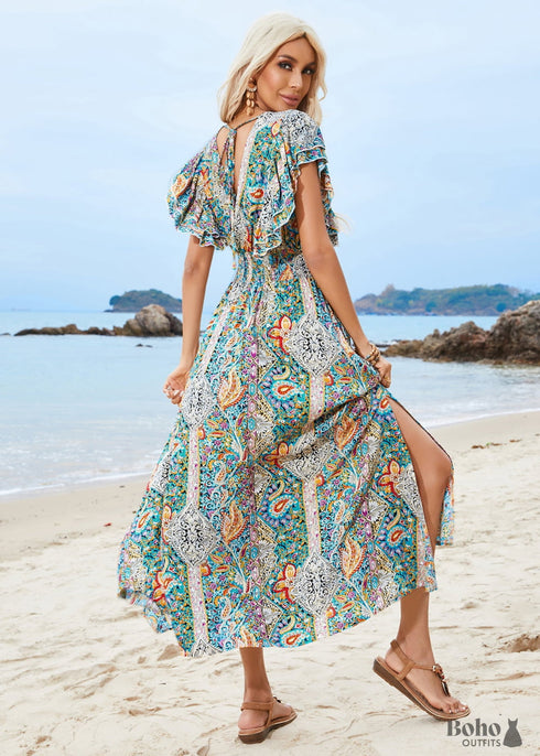 2024 V-neck Halter Back Ruffle Sleeve Boho Dress
