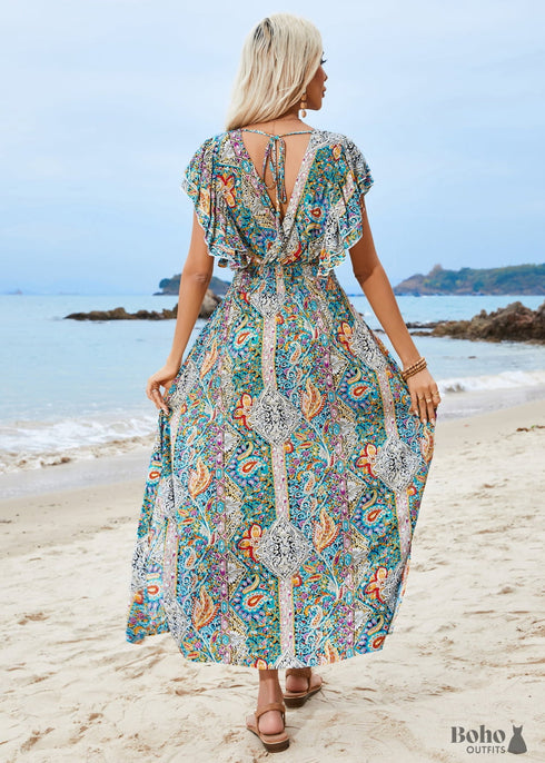 2024 V-neck Halter Back Ruffle Sleeve Boho Dress