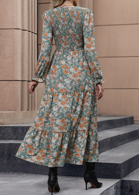 2024 V-neck long-sleeved printed shirring dress
