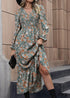 2024 V-neck long-sleeved printed shirring dress