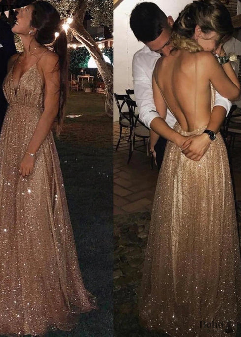 A-line/princess paillette tulle v-neck floor-length sleeveless dresses