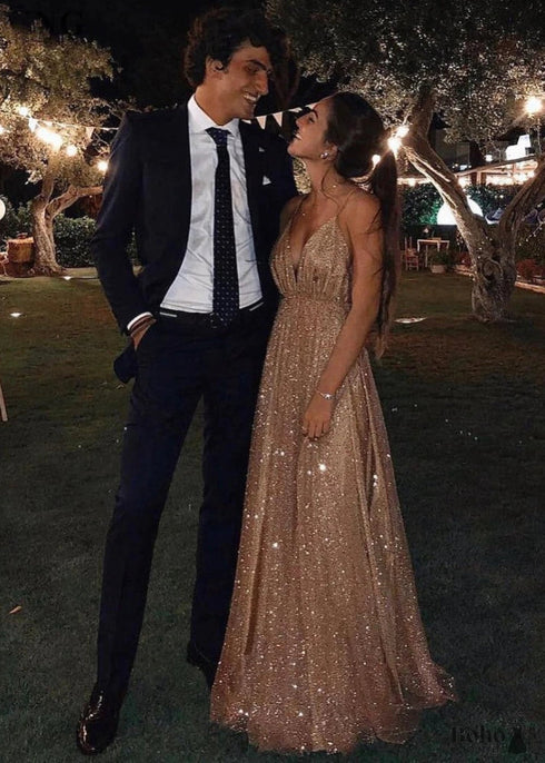 A-line/princess paillette tulle v-neck floor-length sleeveless dresses