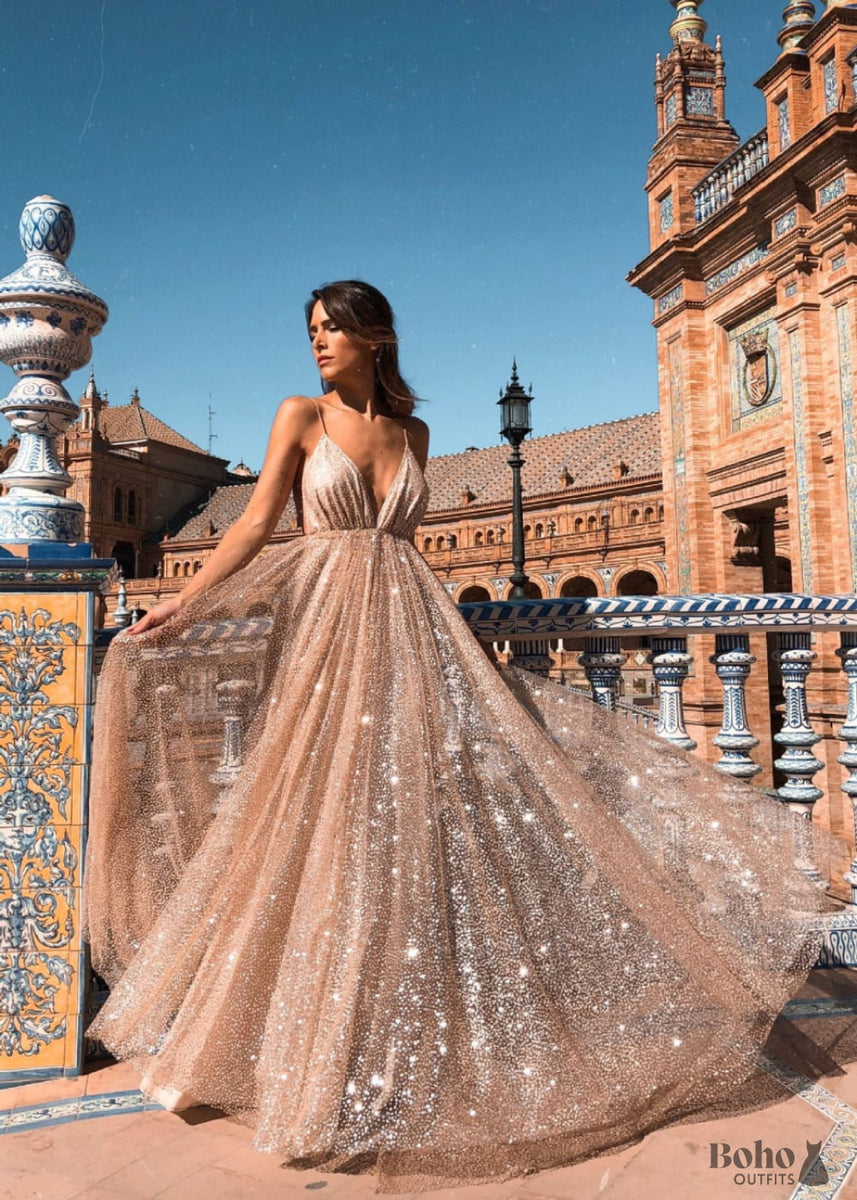 A-line/princess paillette tulle v-neck floor-length Boho Dress Official A-line/princess paillette tulle v-neck floor-length Boho Dress Official