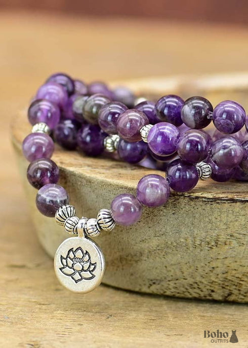 Collar de loto con 108 cuentas de mala de amatista