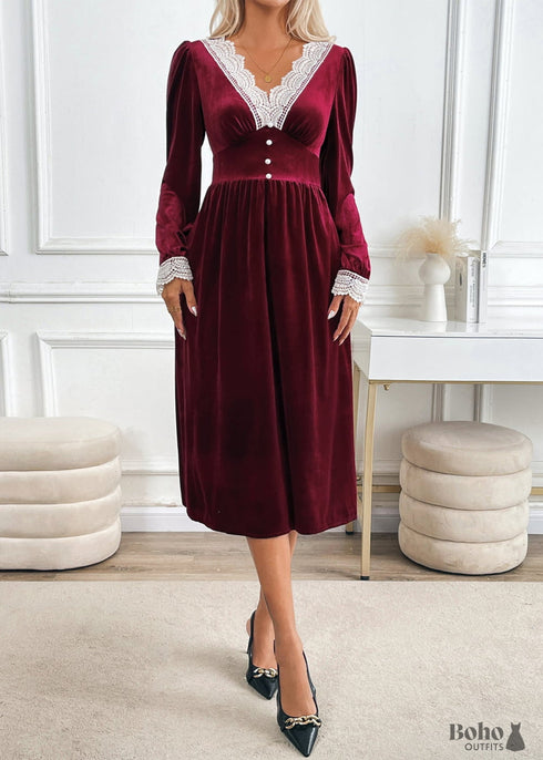 Autumn And Winter Party Velvet Contrast Color Dress