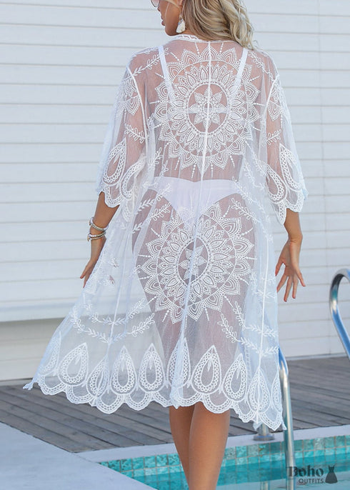 Beach Sunscreen Embroidered 3/4 Sleeve Boho Cardigan