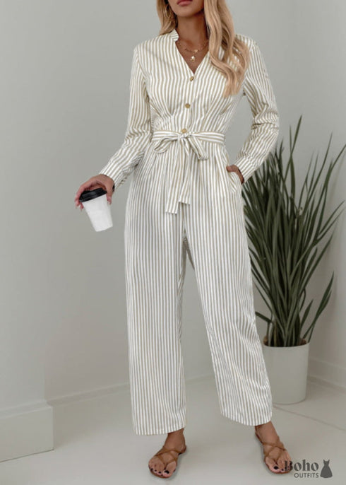 Boho Apricot V-Neck Striped Lace-Up Jumpsuit