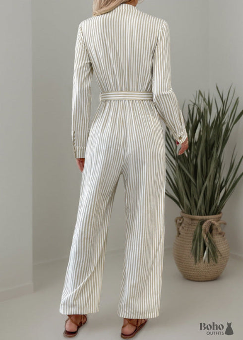 Boho Apricot V-Neck Striped Lace-Up Jumpsuit