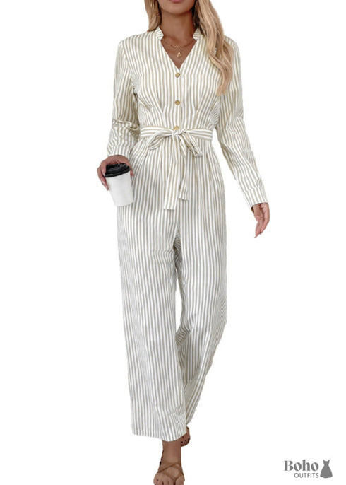Boho Apricot V-Neck Striped Lace-Up Jumpsuit