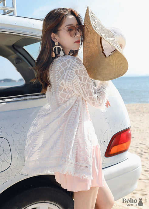 Boho Beach OuterwearLace Tassel Chiffon Shirt