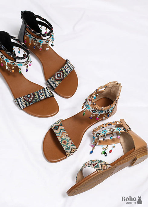 Boho Beaded Zip-Back Flat Sandals