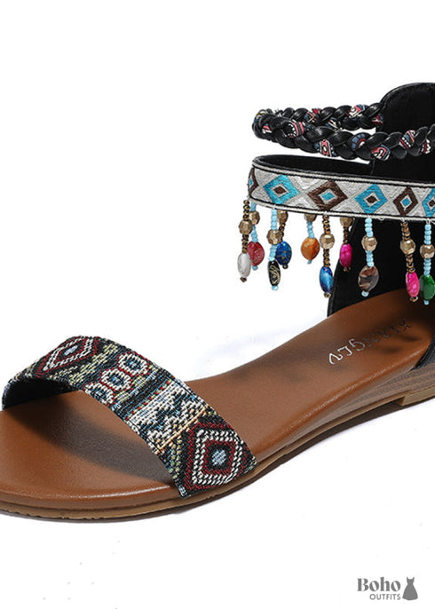Boho Beaded Zip-Back Flat Sandals