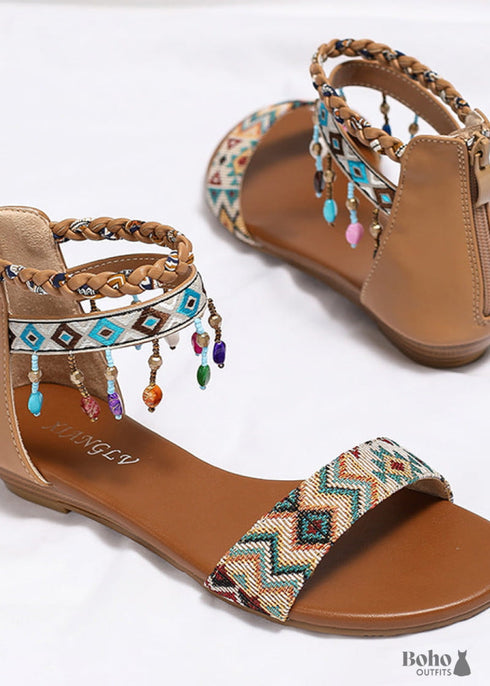 Boho Beaded Zip-Back Flat Sandals