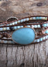 Pulsera Boho, Pulsera de Cuero de Tres Capas RH, Piedras Naturales, Azul, Rosa, Morado