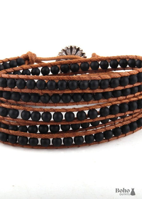 Pulsera Boho, RH, Pulsera de Cuero de 5 Capas, Piedras Naturales de 4 mm, Azul, Blanco y Negro