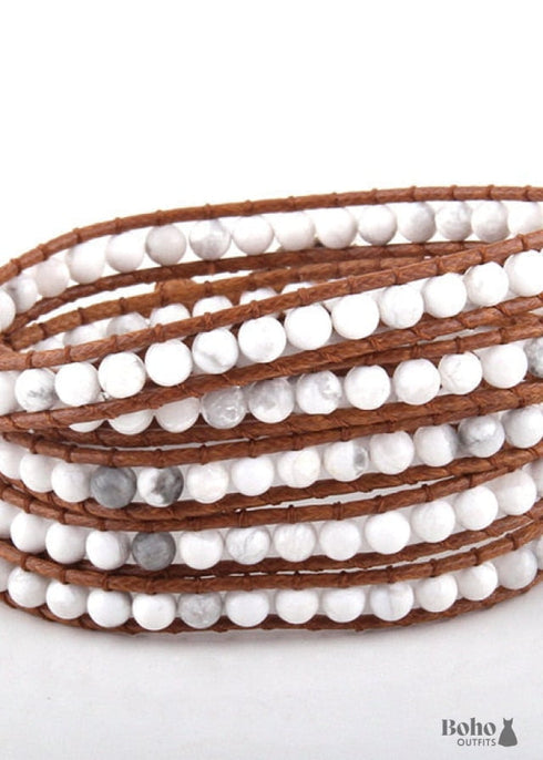 Pulsera Boho, RH, Pulsera de Cuero de 5 Capas, Piedras Naturales de 4 mm, Azul, Blanco y Negro