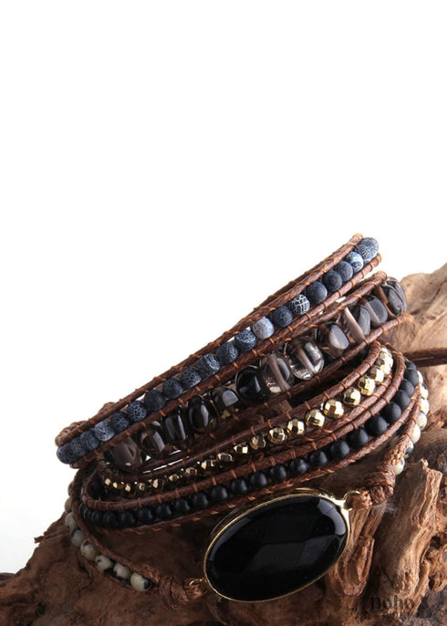 Pulsera Boho, RH, Pulsera de Cuero de 5 Capas, Ónix Negro