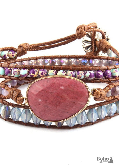 Pulsera Boho, RH, Pulsera de Cuero de 5 Capas, Piedras Naturales Mixtas y Cristal Azul