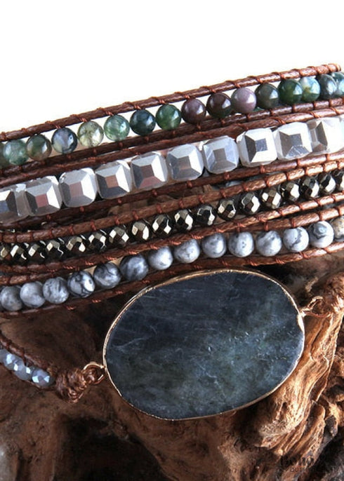 Boho Bracelet, RH 5 Layers Leather Wrap Bracelet, Mixed Natural Stones & Crystal Stone Blue