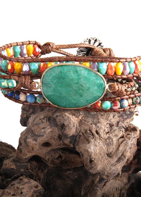 Pulsera Boho, RH, Pulsera de Cuero de 5 Capas, Piedras Naturales Mixtas y Cristal Azul