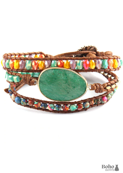 Pulsera Boho, RH, Pulsera de Cuero de 5 Capas, Piedras Naturales Mixtas y Cristal Azul