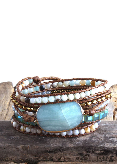 Boho Bracelet, RH 5 Layers Leather Wrap Bracelet, Mixed Natural Stones & Crystal Stone Blue