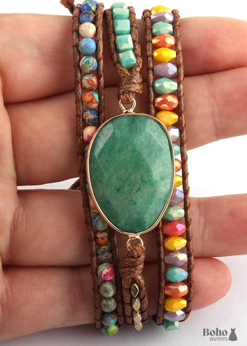 Pulsera Boho, RH, Pulsera de Cuero de 5 Capas, Piedras Naturales Mixtas y Cristal Azul