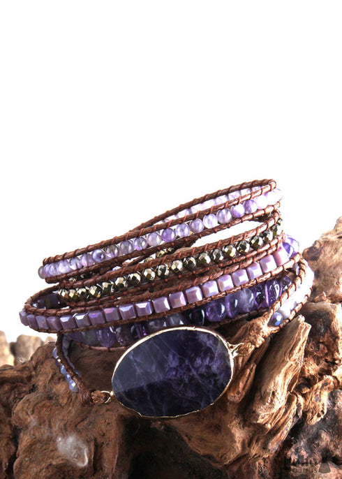 Boho Bracelet, RH 5 Layers Leather Wrap Bracelet, Mixed Natural Stones & Crystal Stone Blue