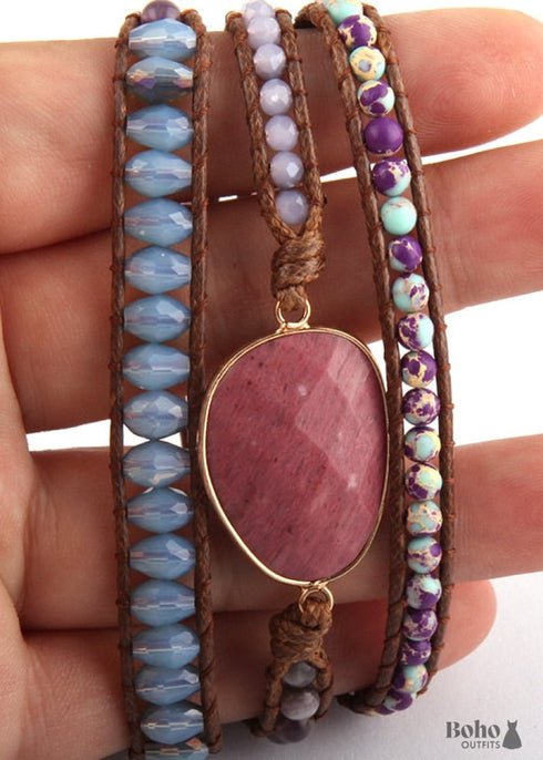 Pulsera Boho, RH, Pulsera de Cuero de 5 Capas, Piedras Naturales Mixtas y Cristal Azul