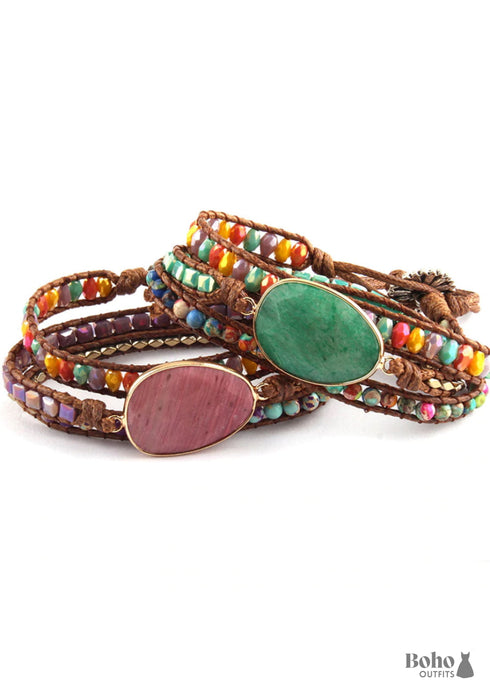 Pulsera Boho, RH, Pulsera de Cuero de 5 Capas, Piedras Naturales Mixtas y Cristal Azul